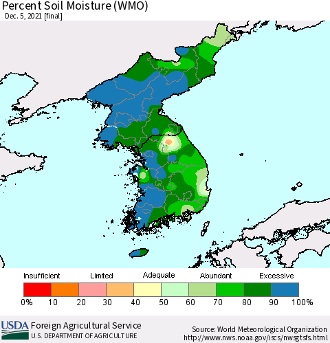 Korea Percent Soil Moisture (WMO) Thematic Map For 11/29/2021 - 12/5/2021