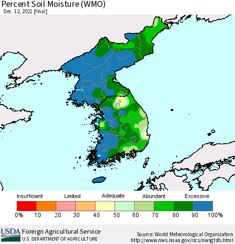 Korea Percent Soil Moisture (WMO) Thematic Map For 12/6/2021 - 12/12/2021