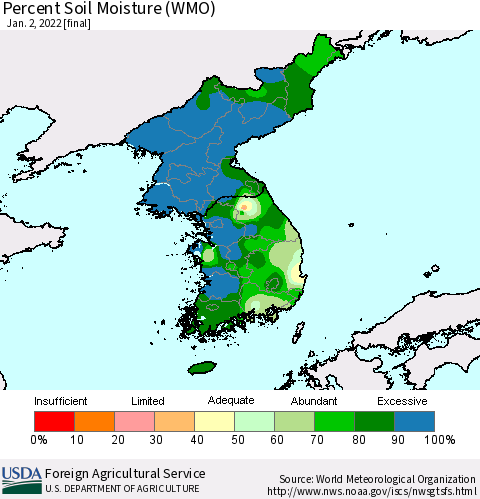 Korea Percent Soil Moisture (WMO) Thematic Map For 12/27/2021 - 1/2/2022