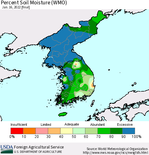 Korea Percent Soil Moisture (WMO) Thematic Map For 1/10/2022 - 1/16/2022