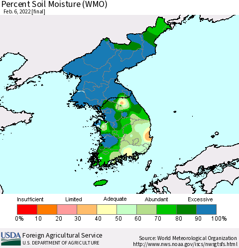 Korea Percent Soil Moisture (WMO) Thematic Map For 1/31/2022 - 2/6/2022