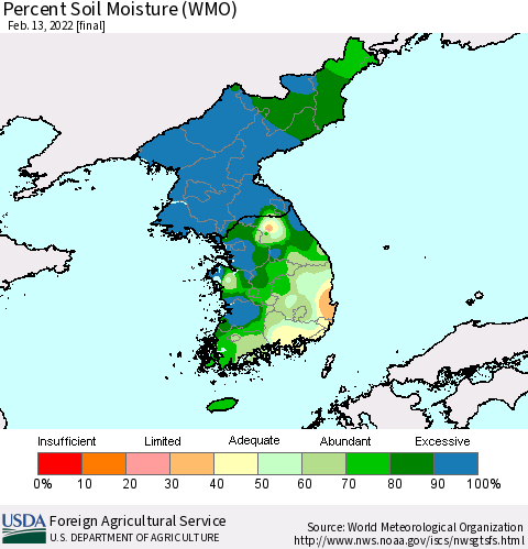 Korea Percent Soil Moisture (WMO) Thematic Map For 2/7/2022 - 2/13/2022