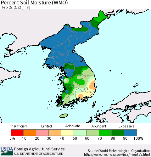 Korea Percent Soil Moisture (WMO) Thematic Map For 2/21/2022 - 2/27/2022