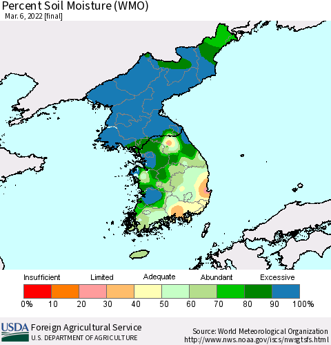 Korea Percent Soil Moisture (WMO) Thematic Map For 2/28/2022 - 3/6/2022
