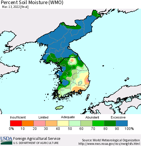 Korea Percent Soil Moisture (WMO) Thematic Map For 3/7/2022 - 3/13/2022