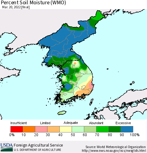 Korea Percent Soil Moisture (WMO) Thematic Map For 3/14/2022 - 3/20/2022
