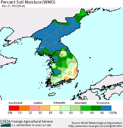 Korea Percent Soil Moisture (WMO) Thematic Map For 3/21/2022 - 3/27/2022
