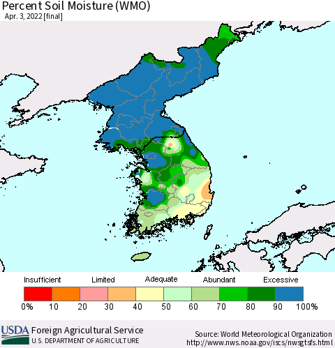 Korea Percent Soil Moisture (WMO) Thematic Map For 3/28/2022 - 4/3/2022
