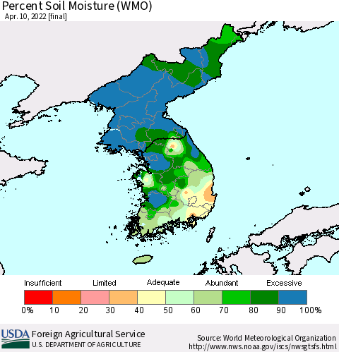 Korea Percent Soil Moisture (WMO) Thematic Map For 4/4/2022 - 4/10/2022