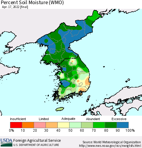 Korea Percent Soil Moisture (WMO) Thematic Map For 4/11/2022 - 4/17/2022
