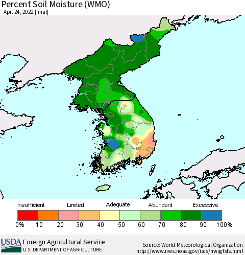 Korea Percent Soil Moisture (WMO) Thematic Map For 4/18/2022 - 4/24/2022