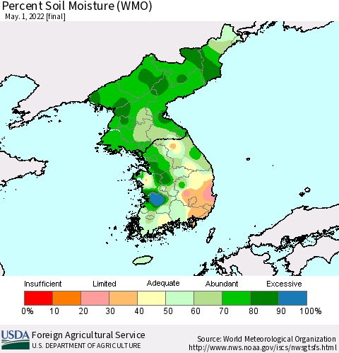 Korea Percent Soil Moisture (WMO) Thematic Map For 4/25/2022 - 5/1/2022
