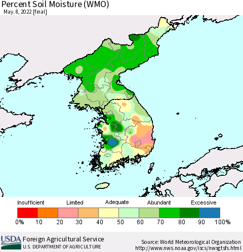 Korea Percent Soil Moisture (WMO) Thematic Map For 5/2/2022 - 5/8/2022