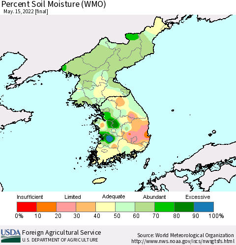 Korea Percent Soil Moisture (WMO) Thematic Map For 5/9/2022 - 5/15/2022