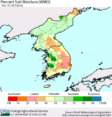 Korea Percent Soil Moisture (WMO) Thematic Map For 5/16/2022 - 5/22/2022