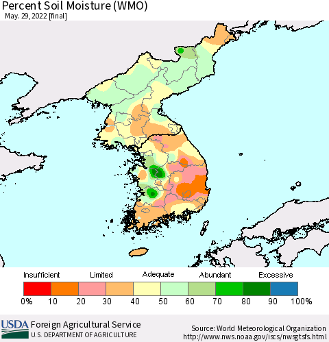 Korea Percent Soil Moisture (WMO) Thematic Map For 5/23/2022 - 5/29/2022
