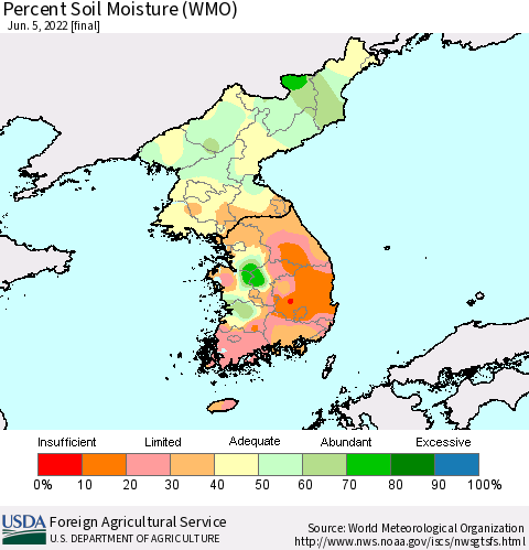 Korea Percent Soil Moisture (WMO) Thematic Map For 5/30/2022 - 6/5/2022