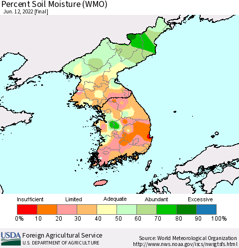 Korea Percent Soil Moisture (WMO) Thematic Map For 6/6/2022 - 6/12/2022