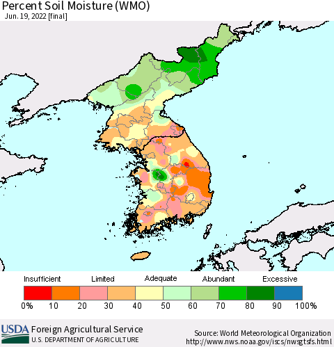 Korea Percent Soil Moisture (WMO) Thematic Map For 6/13/2022 - 6/19/2022