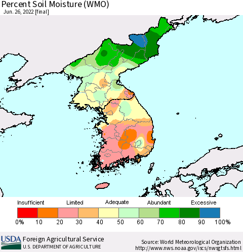 Korea Percent Soil Moisture (WMO) Thematic Map For 6/20/2022 - 6/26/2022