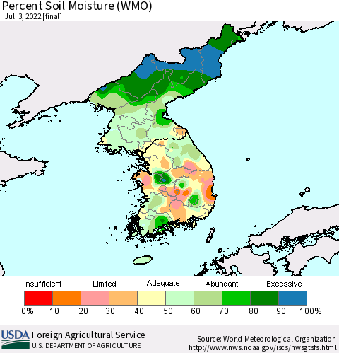 Korea Percent Soil Moisture (WMO) Thematic Map For 6/27/2022 - 7/3/2022