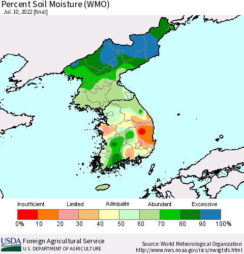 Korea Percent Soil Moisture (WMO) Thematic Map For 7/4/2022 - 7/10/2022