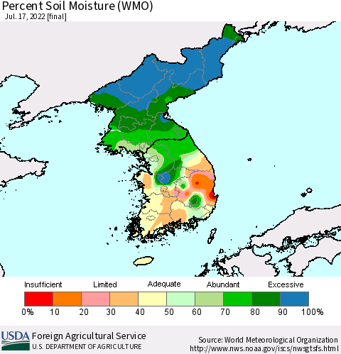 Korea Percent Soil Moisture (WMO) Thematic Map For 7/11/2022 - 7/17/2022