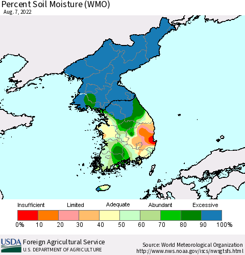 Korea Percent Soil Moisture (WMO) Thematic Map For 8/1/2022 - 8/7/2022