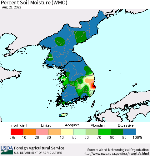 Korea Percent Soil Moisture (WMO) Thematic Map For 8/15/2022 - 8/21/2022