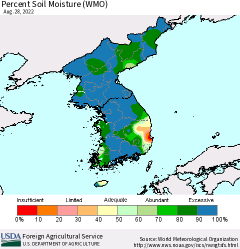 Korea Percent Soil Moisture (WMO) Thematic Map For 8/22/2022 - 8/28/2022