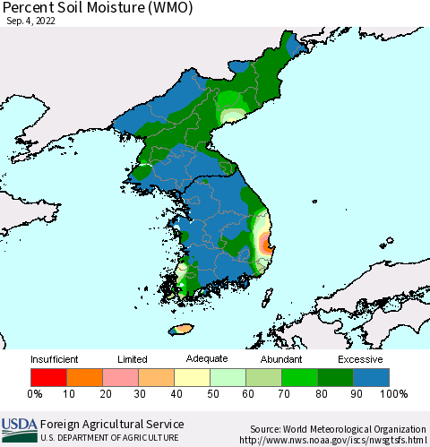 Korea Percent Soil Moisture (WMO) Thematic Map For 8/29/2022 - 9/4/2022
