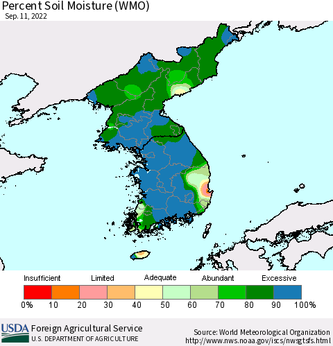 Korea Percent Soil Moisture (WMO) Thematic Map For 9/5/2022 - 9/11/2022