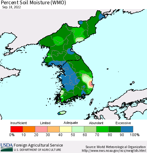 Korea Percent Soil Moisture (WMO) Thematic Map For 9/12/2022 - 9/18/2022