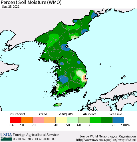 Korea Percent Soil Moisture (WMO) Thematic Map For 9/19/2022 - 9/25/2022