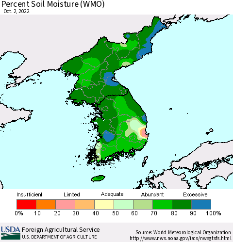 Korea Percent Soil Moisture (WMO) Thematic Map For 9/26/2022 - 10/2/2022