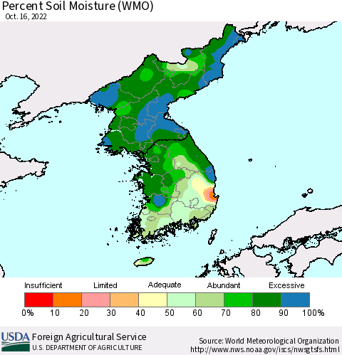 Korea Percent Soil Moisture (WMO) Thematic Map For 10/10/2022 - 10/16/2022