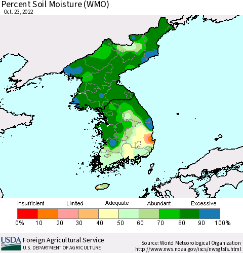 Korea Percent Soil Moisture (WMO) Thematic Map For 10/17/2022 - 10/23/2022