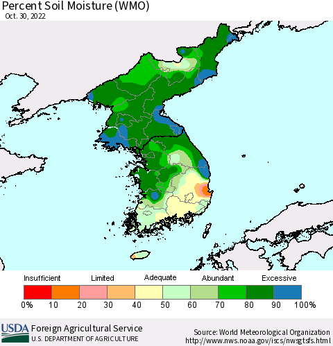Korea Percent Soil Moisture (WMO) Thematic Map For 10/24/2022 - 10/30/2022