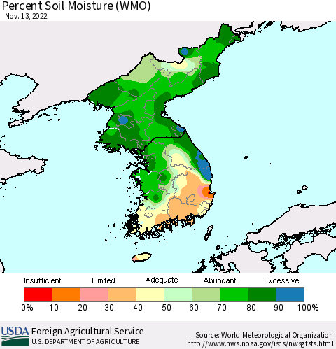 Korea Percent Soil Moisture (WMO) Thematic Map For 11/7/2022 - 11/13/2022