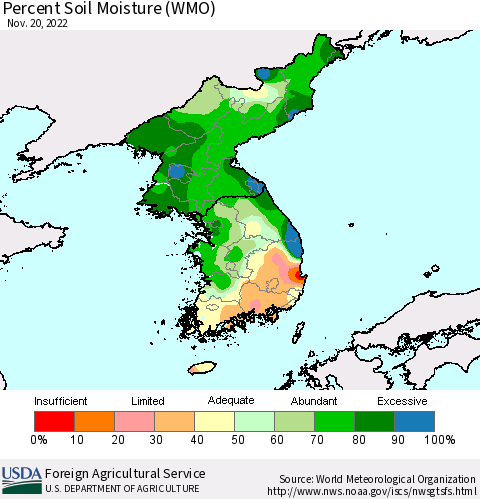 Korea Percent Soil Moisture (WMO) Thematic Map For 11/14/2022 - 11/20/2022