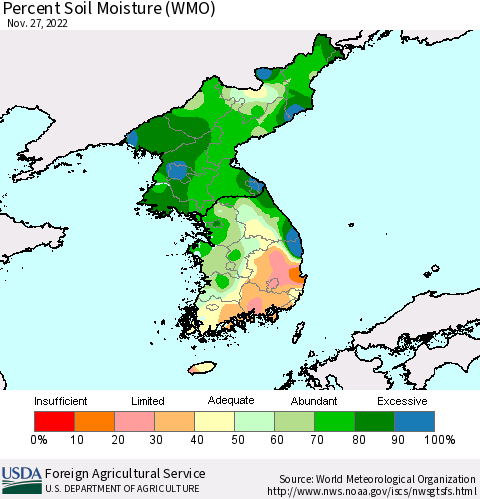 Korea Percent Soil Moisture (WMO) Thematic Map For 11/21/2022 - 11/27/2022