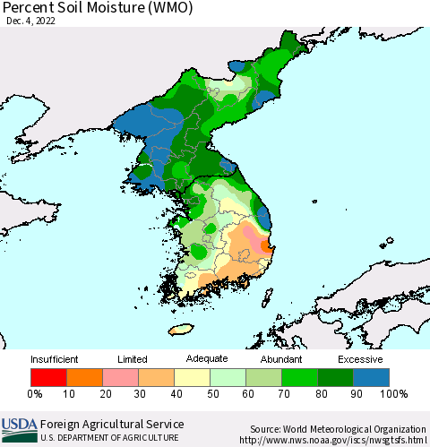 Korea Percent Soil Moisture (WMO) Thematic Map For 11/28/2022 - 12/4/2022