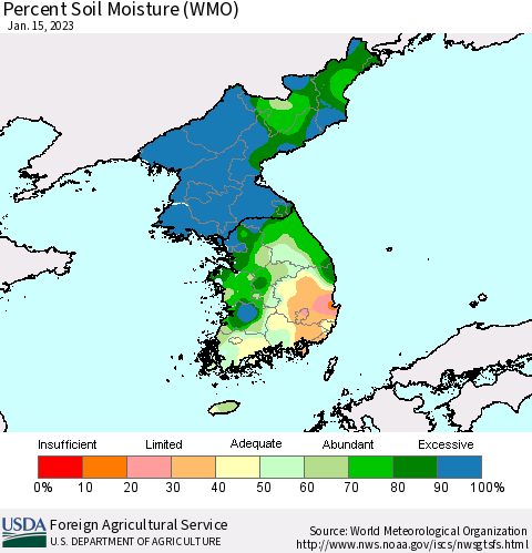 Korea Percent Soil Moisture (WMO) Thematic Map For 1/9/2023 - 1/15/2023