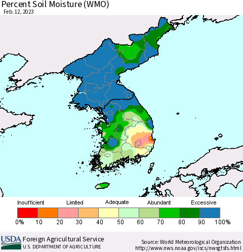 Korea Percent Soil Moisture (WMO) Thematic Map For 2/6/2023 - 2/12/2023