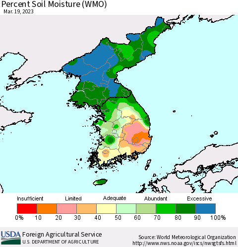 Korea Percent Soil Moisture (WMO) Thematic Map For 3/13/2023 - 3/19/2023