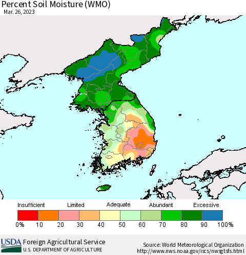 Korea Percent Soil Moisture (WMO) Thematic Map For 3/20/2023 - 3/26/2023