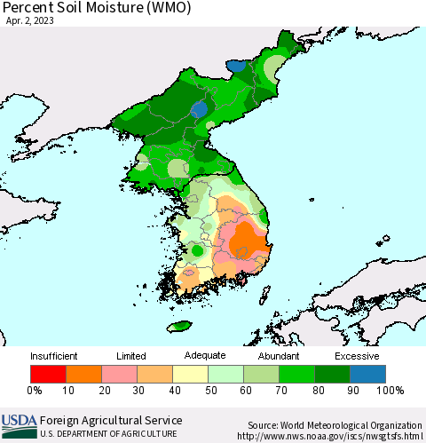 Korea Percent Soil Moisture (WMO) Thematic Map For 3/27/2023 - 4/2/2023