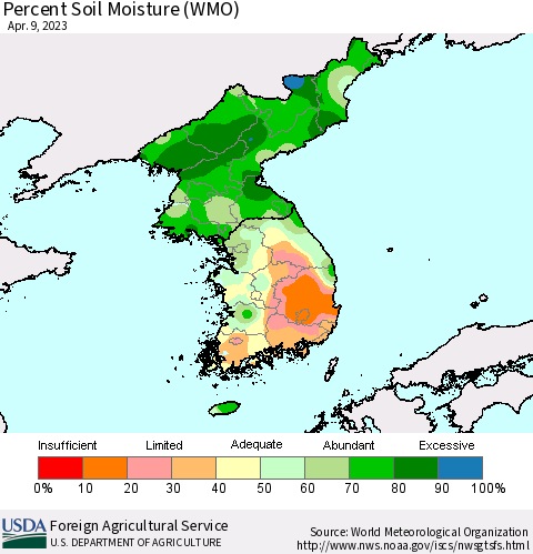 Korea Percent Soil Moisture (WMO) Thematic Map For 4/3/2023 - 4/9/2023