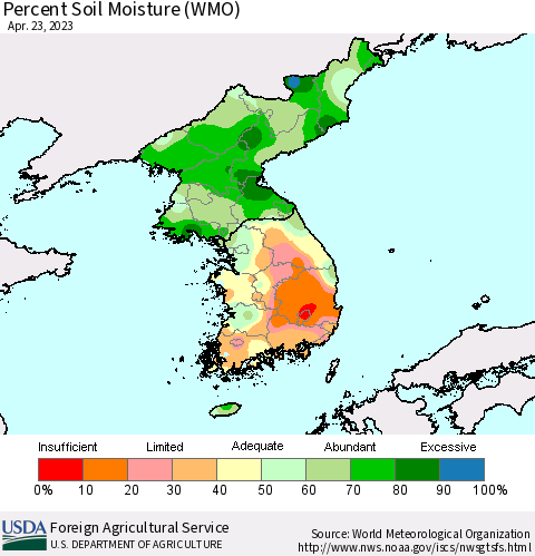 Korea Percent Soil Moisture (WMO) Thematic Map For 4/17/2023 - 4/23/2023