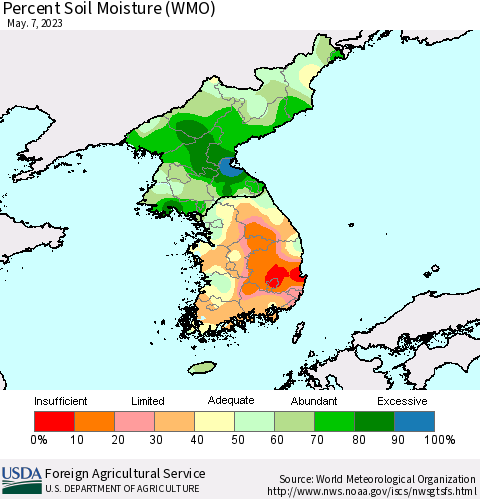 Korea Percent Soil Moisture (WMO) Thematic Map For 5/1/2023 - 5/7/2023